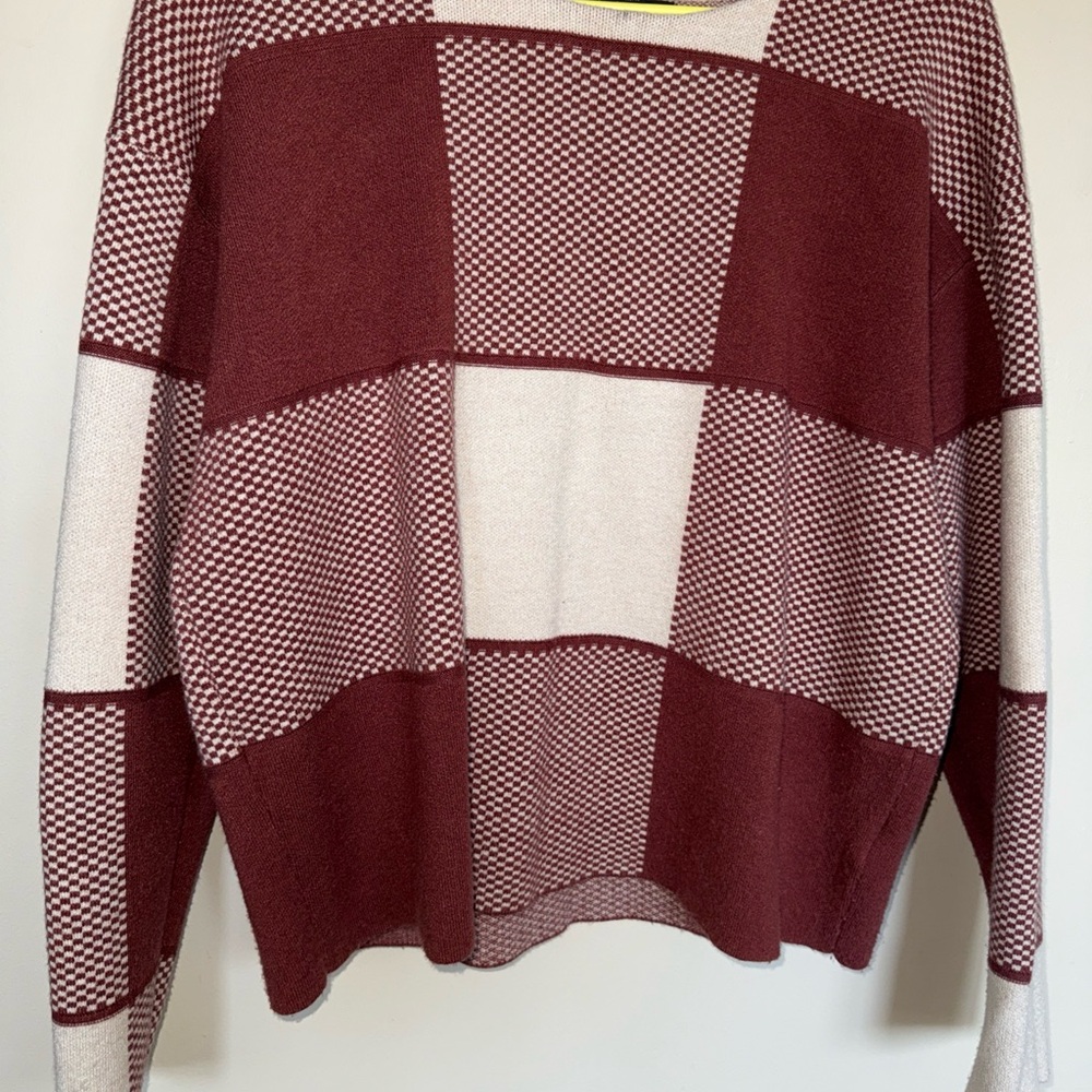 Tahari Burgundy and Cream Checkered Sweater